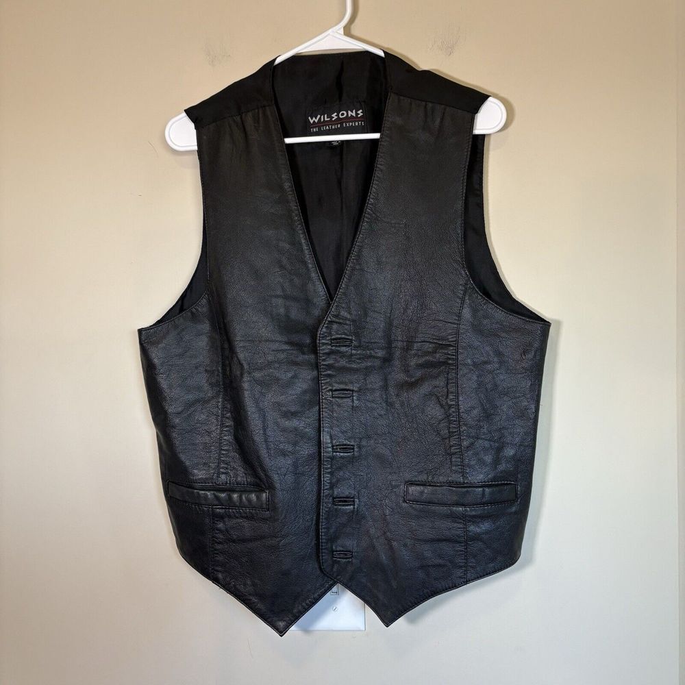 Vintage 90s y2k Wilsons Black Leather Button Down Moto Western Vest Men's Large